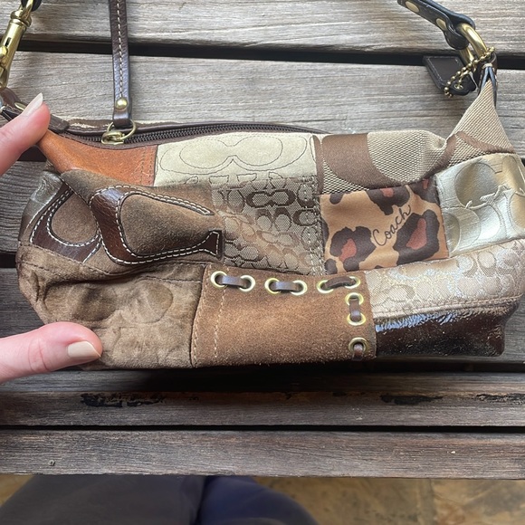 Authentic Brown Tan Animal Print Leather Suede Patchwork Coach Mini Bag Purse - Picture 9 of 12